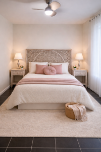 Chambre cosy avec lit double 160 cm, décoration chaleureuse, à L'Atelier de la Mandille gîte de charme à Saint-Élix-le-Château (31)