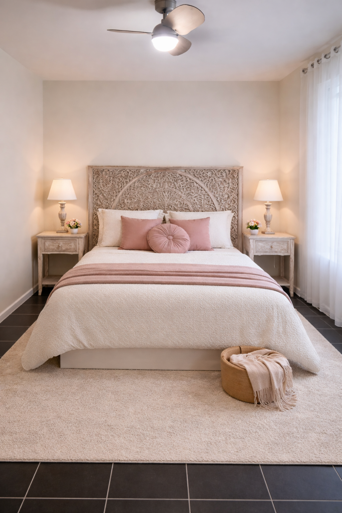 Chambre cosy avec lit double 160 cm, décoration chaleureuse, à L'Atelier de la Mandille gîte de charme à Saint-Élix-le-Château (31)